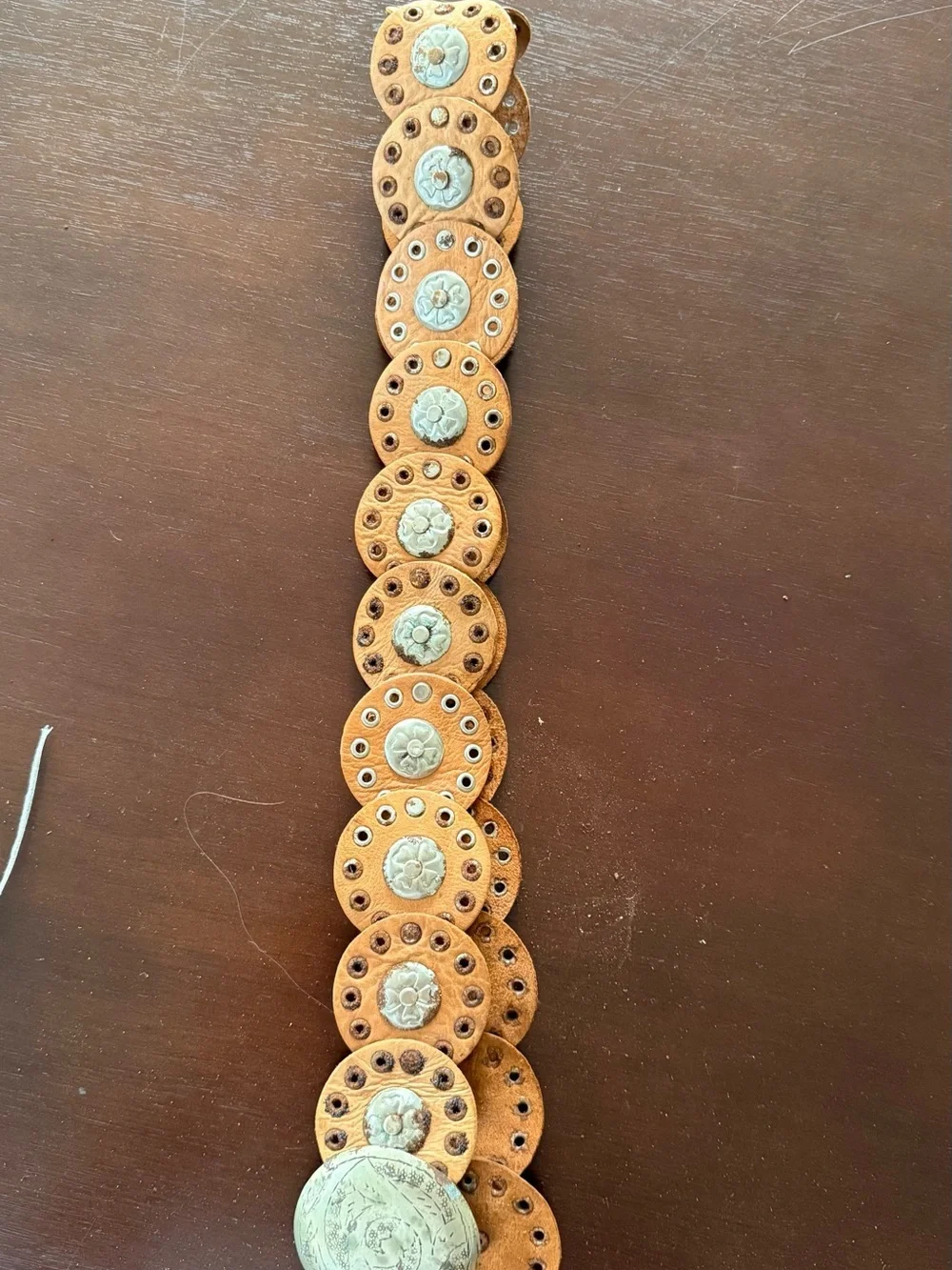 Tan Leather Western Statement Belt with Etched Silver Concho